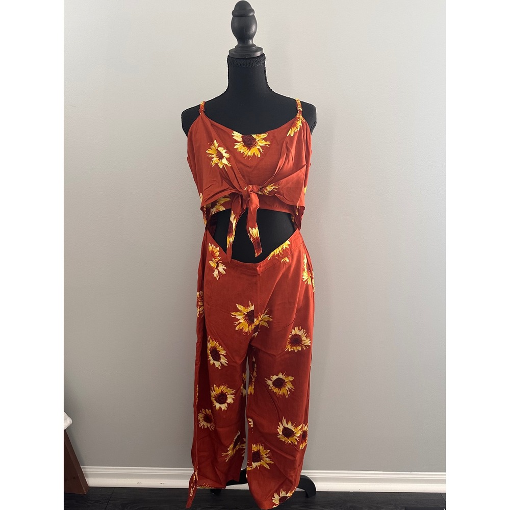 Derek Heart Sunflower Print Tie Front Cutout Jumpsuit Burnt Orange Large